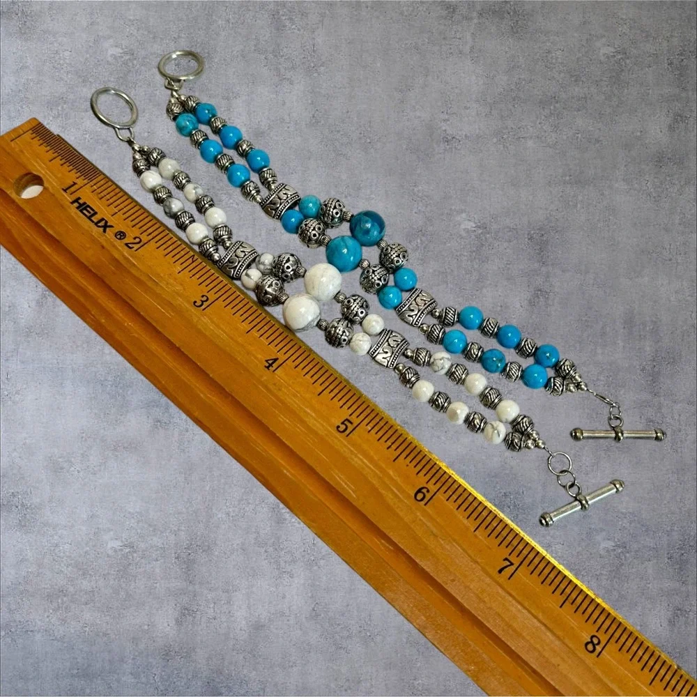 Artisan Beaded Bracelet Lot 2 Turquoise White Howlite Style Toggle‎ Set